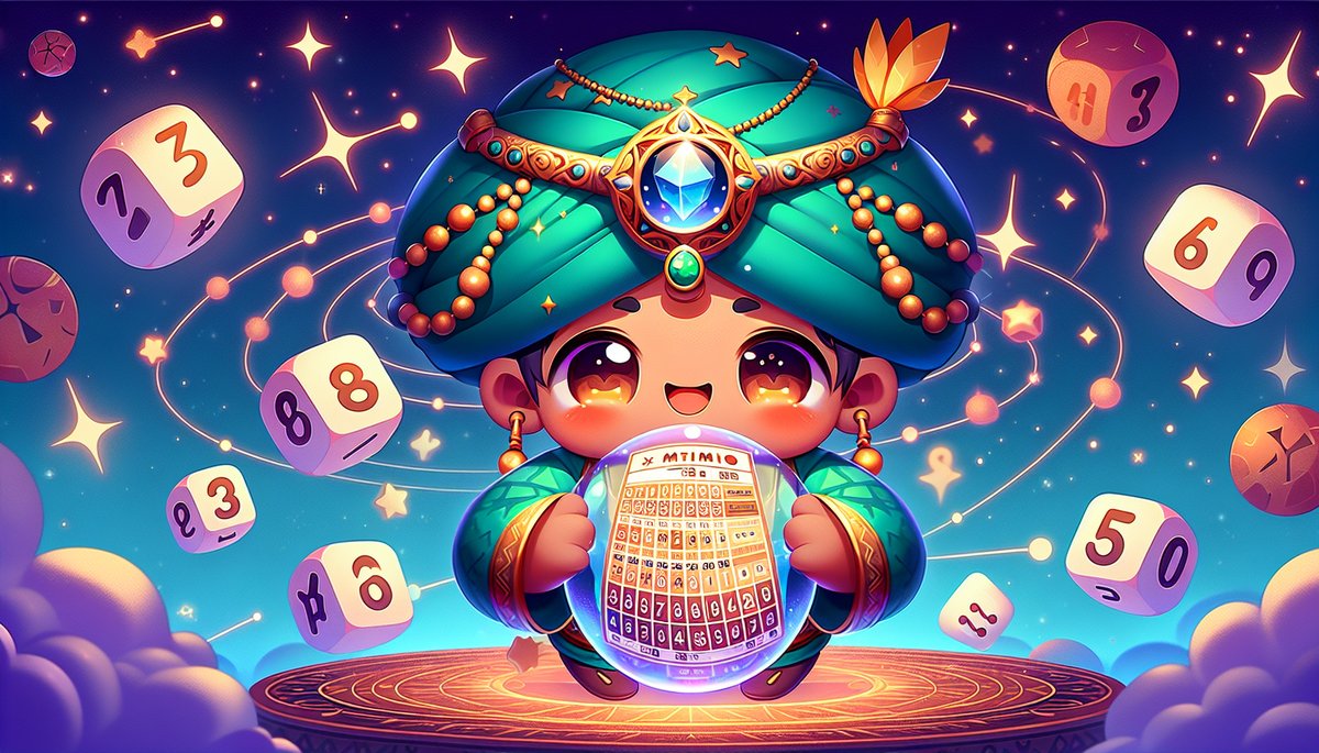 Cute chibi child in a jeweled turquoise turban holding a glowing bingo/number board, with floating dice around in a magical night sky.